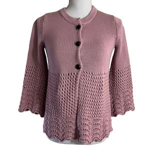 MODA International Cardigan Sweater XS Mauve Nude Pink Scalloped Chunky Buttons